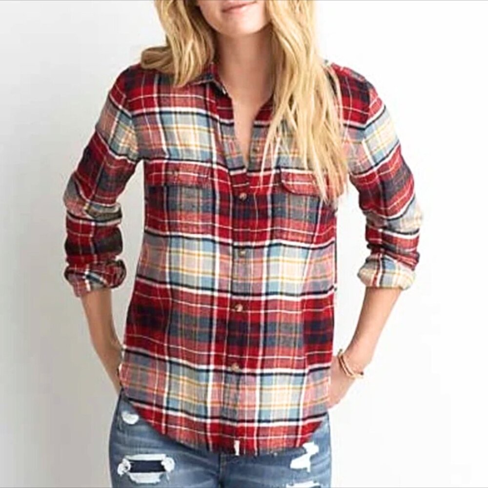 AEO | Flannel Shirt Red Plaid Multi-Color Soft Cotton Long Sleeve Medium
